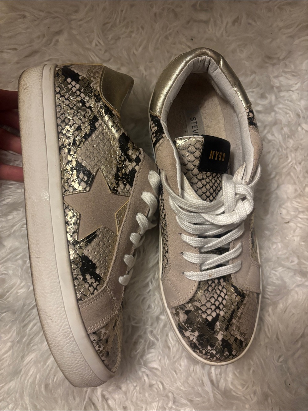 Steve Madden Gold and Beige Snake-Print Low Top Sneakers